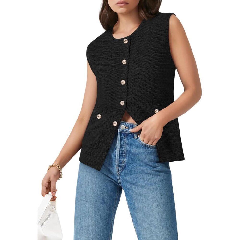 Women's Sleeveless Sweater Vest Polyester Button Down Casual Tank Top